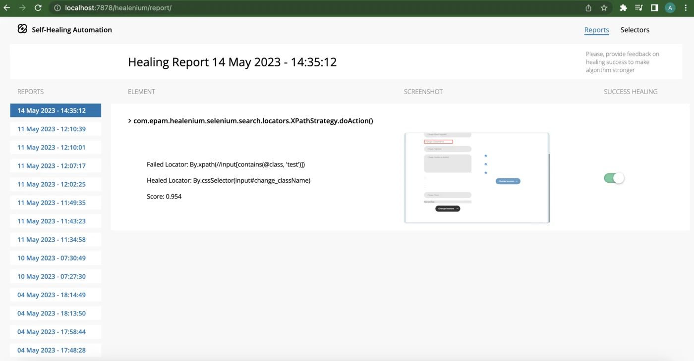 Healenium healing report showing the failed locator, healed locator, and confidence score of 0.954