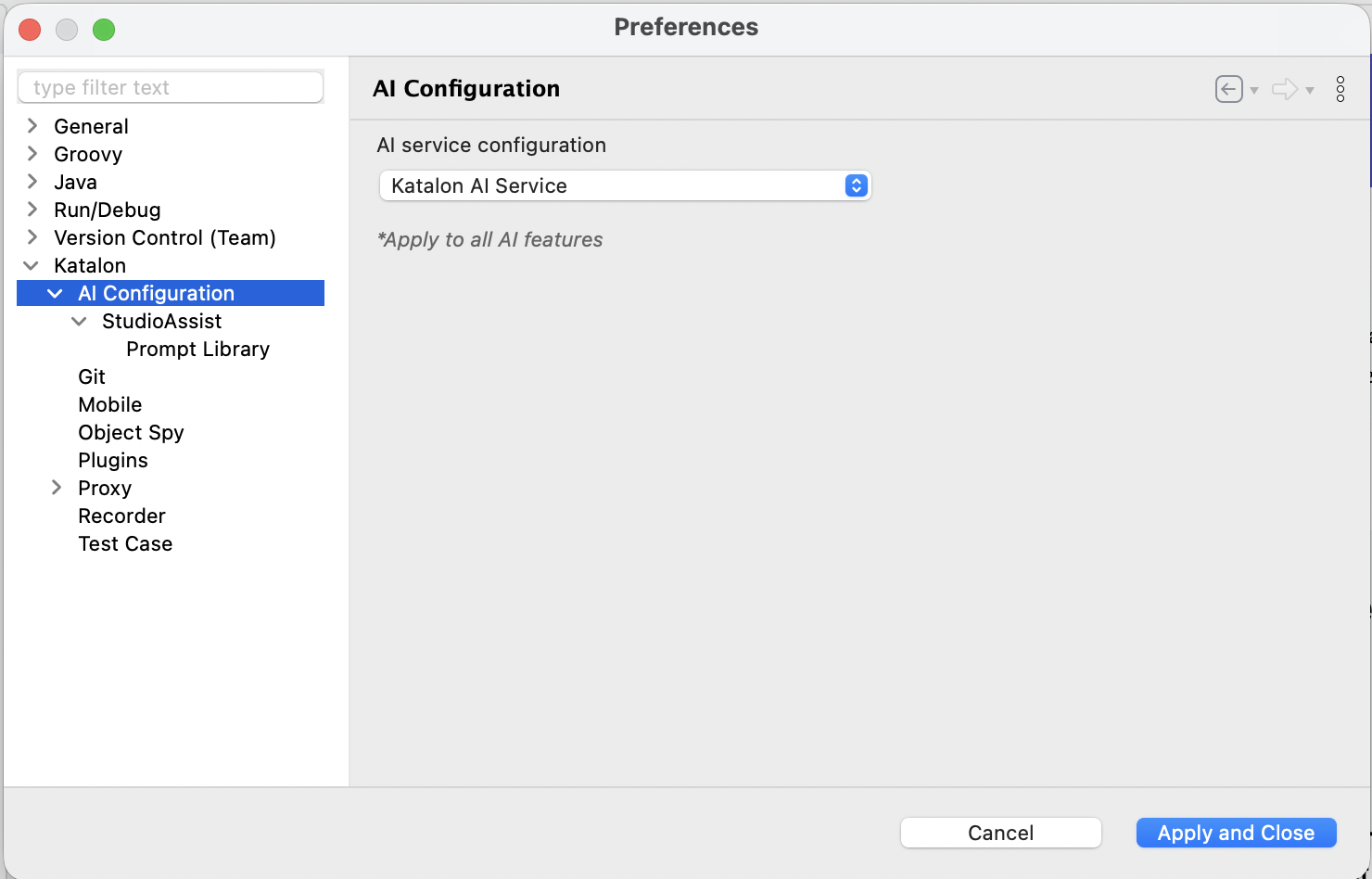 Katalon Studio 11 AI Configuration preferences showing the AI service configuration with Katalon AI Service selected