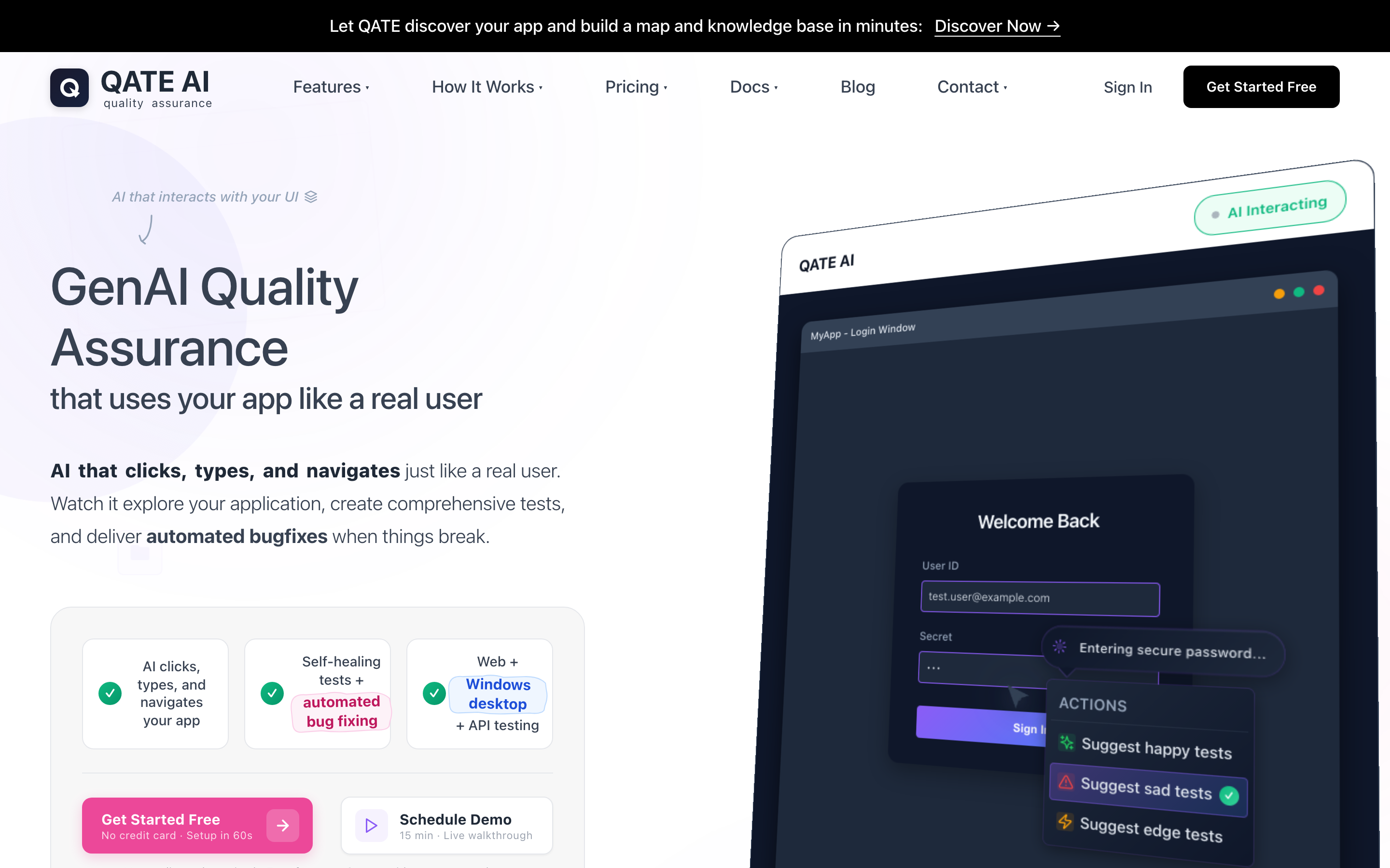 Qate AI marketing site hero: "GenAI Quality Assurance that uses your app like a real user" with feature pills for clicks-types-navigates, self-healing tests with automated bug fixing, and Web + Windows desktop + API testing